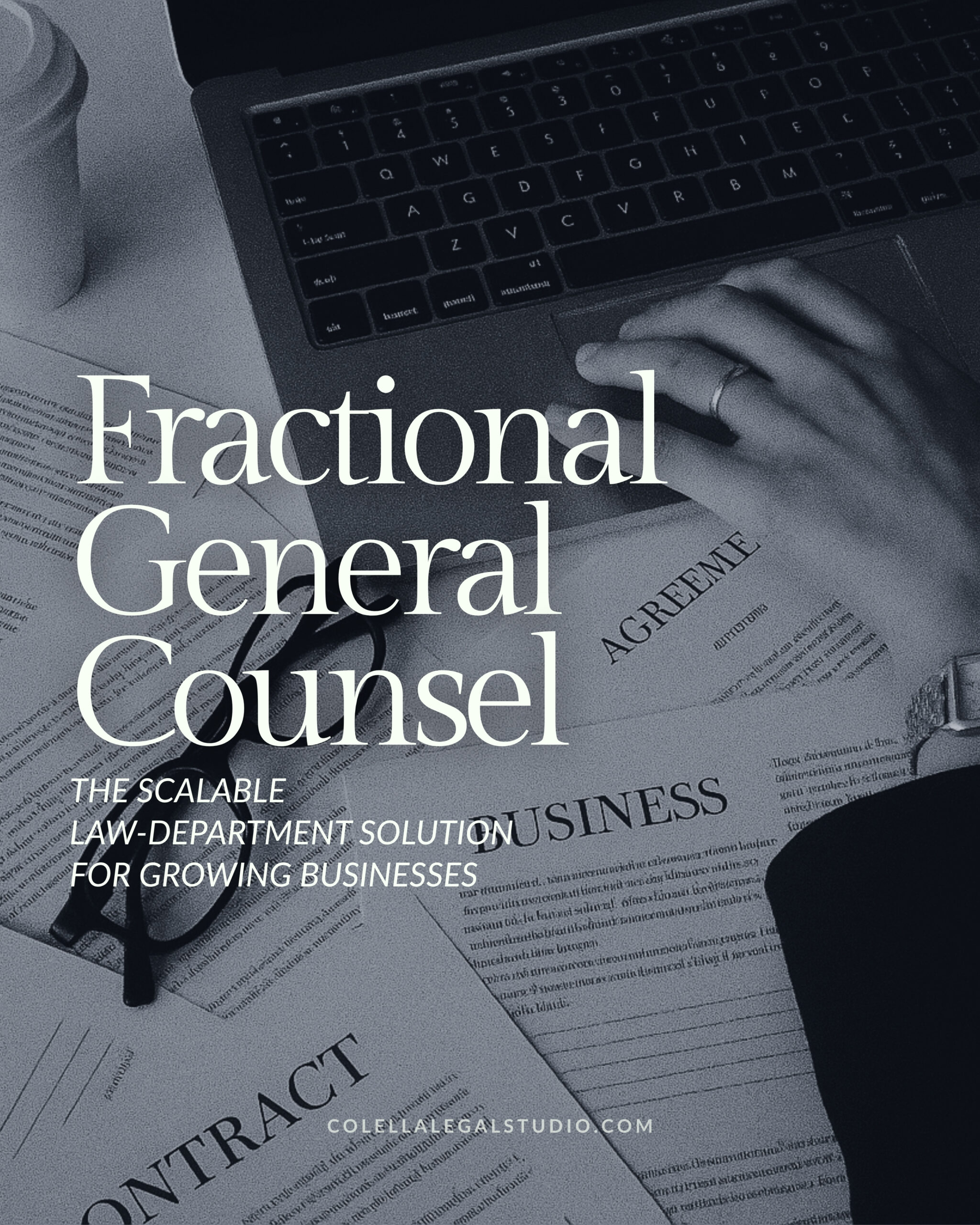 Person working on a laptop with legal documents labeled “Contract,” “Agreement,” and “Business”—highlighting fractional general counsel services.